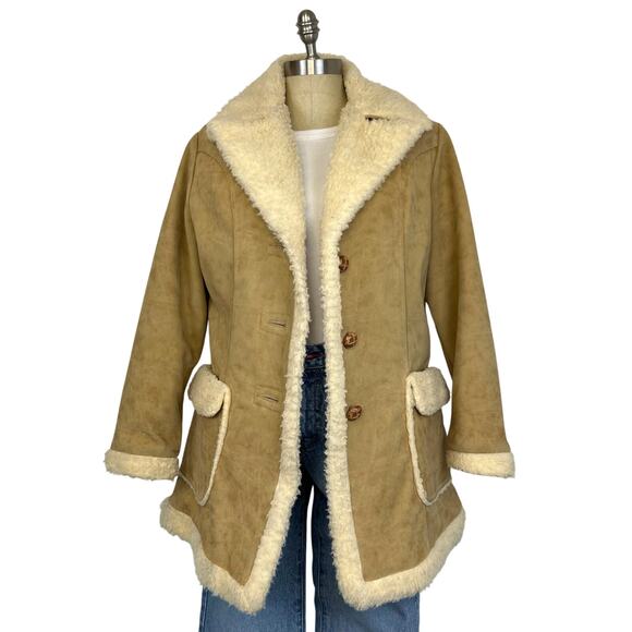 Vintage Women's 70's Wiman Vinyl Suede Button Front Sherpa Coat (Sz M) - Picture 3 of 15